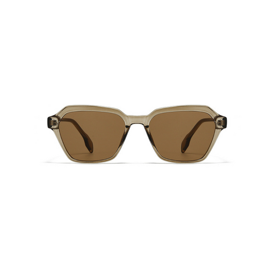 Sunglasses with brown lenses and gold frame on a white background