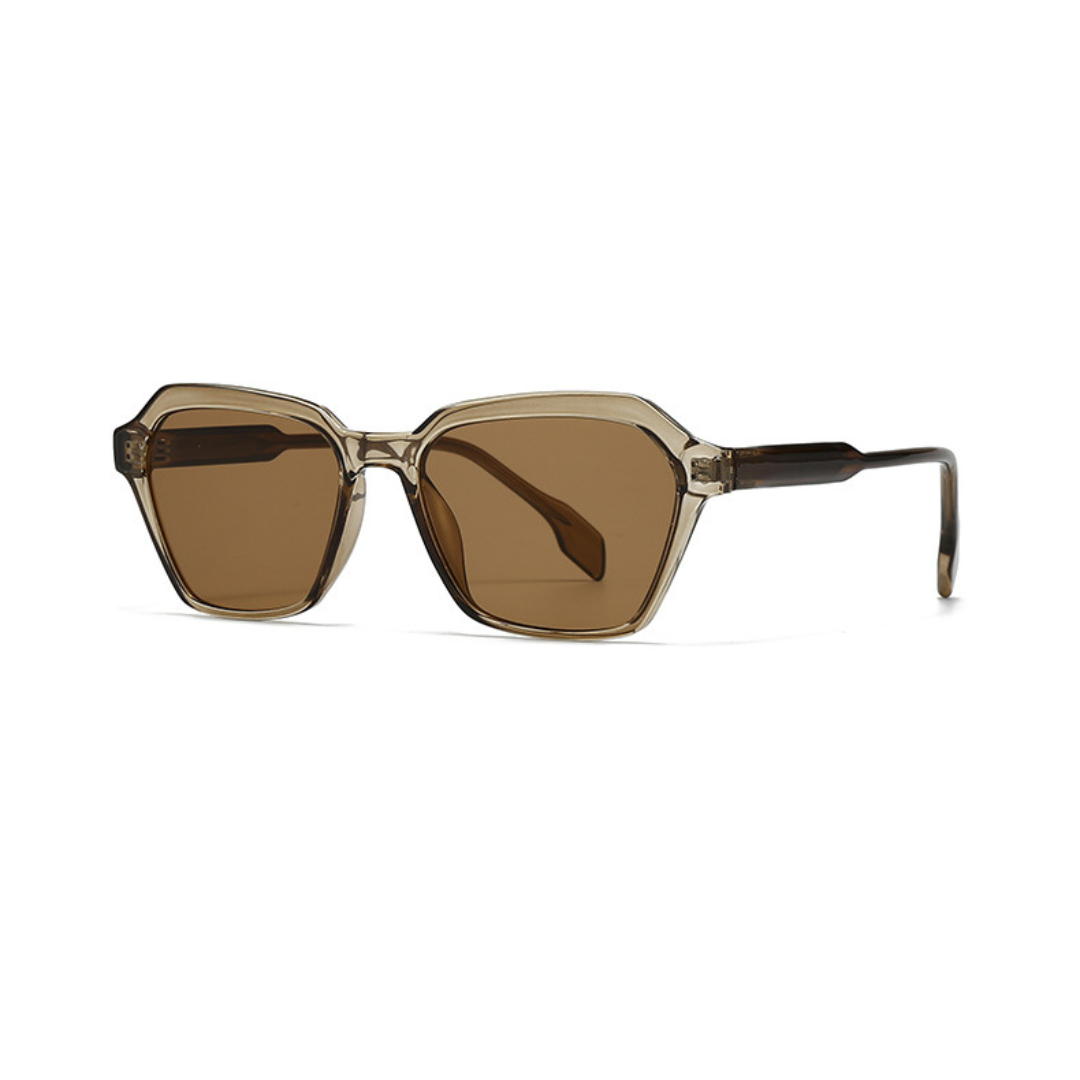 Brown sunglasses with a clear frame on a white background