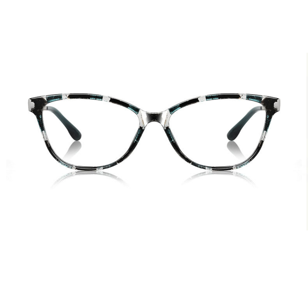 Cat-eye glasses with a black and silver frame on a white background