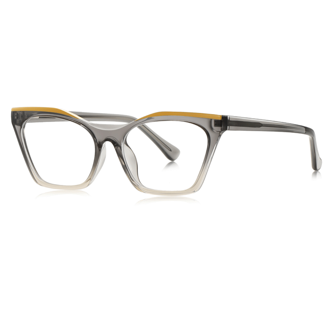 Eyeglasses with a gray frame and yellow accents on a white background