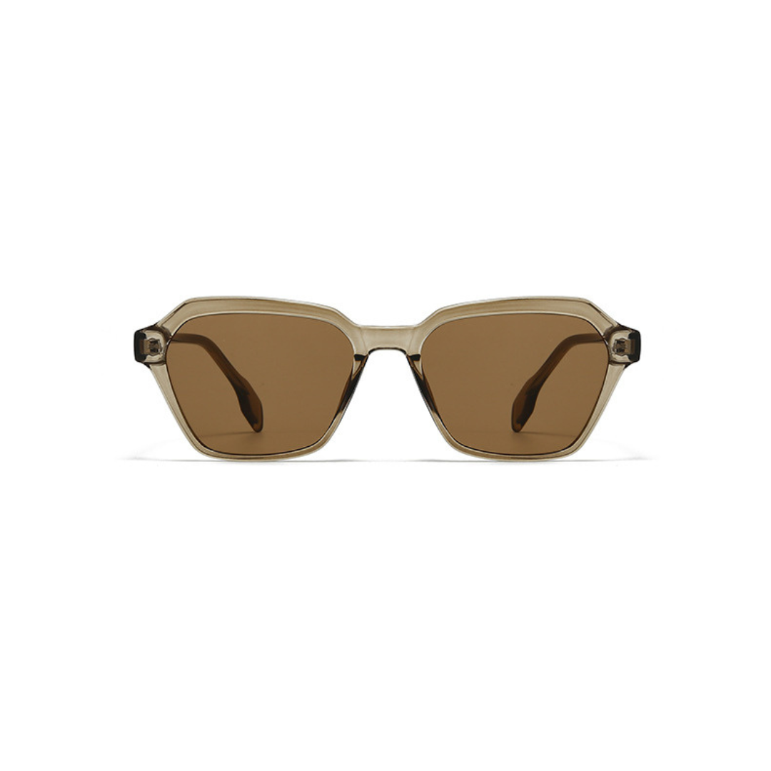 Sunglasses with brown lenses and gold frame on a white background