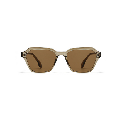 Sunglasses with brown lenses and gold frame on a white background