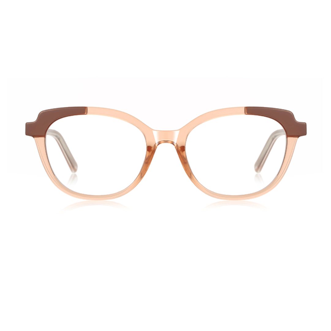 Eyeglasses with a brown and beige frame on a white background