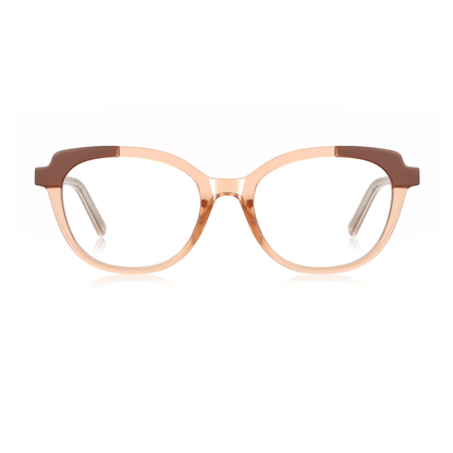 Eyeglasses with a brown and beige frame on a white background