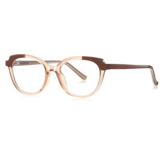 Eyeglasses with a brown and beige frame on a white background