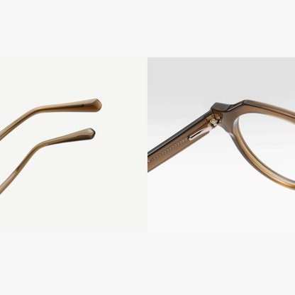 Close-up of a pair of eyeglasses with a white background