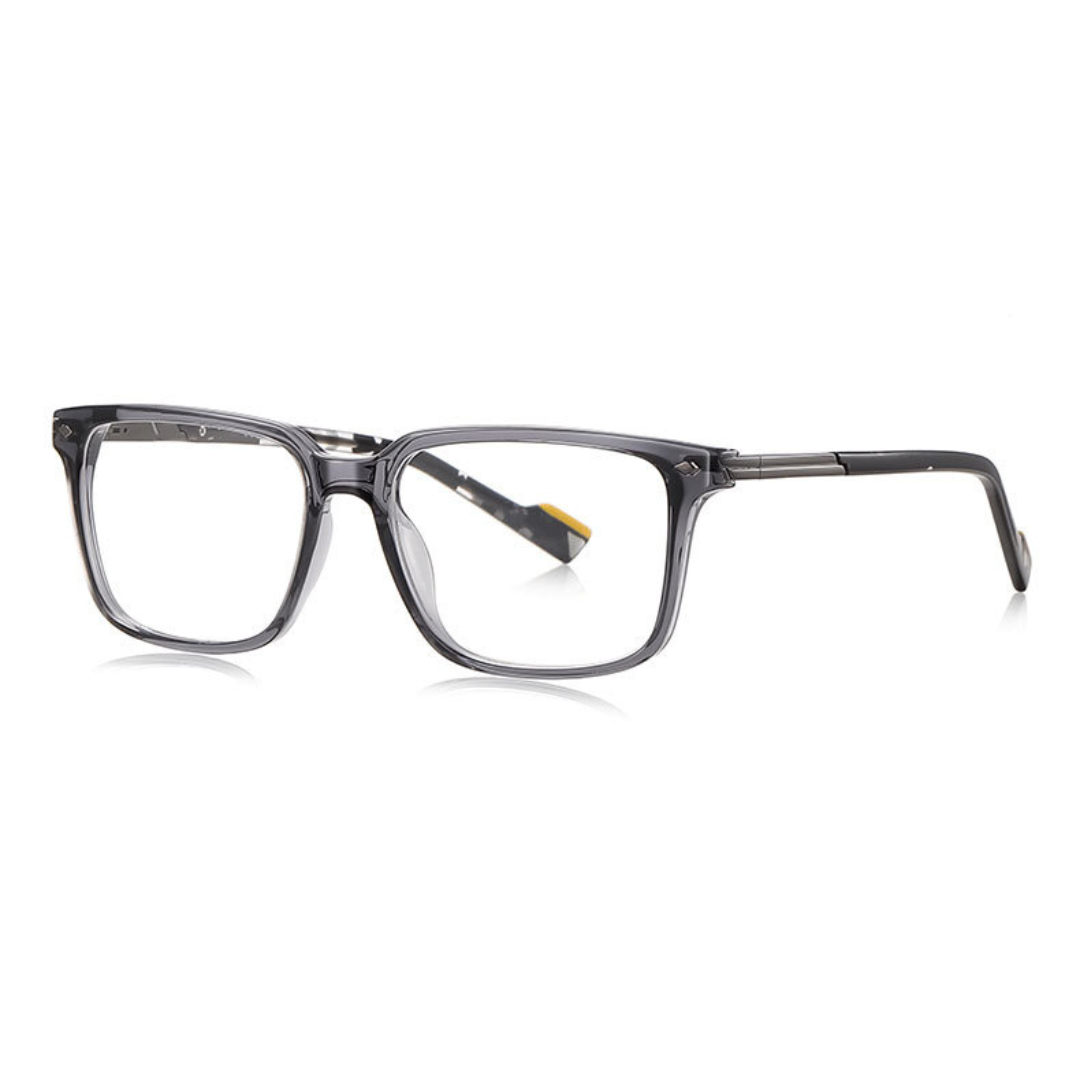 Gray eyeglasses on a white background