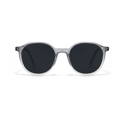 Sunglasses with dark lenses and clear frame on a white background