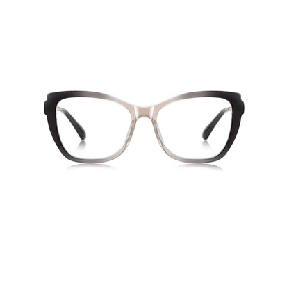 Eyeglasses with a black and silver frame on a white background