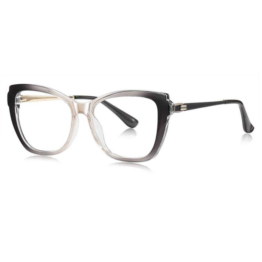 Eyeglasses with a black and clear frame on a white background