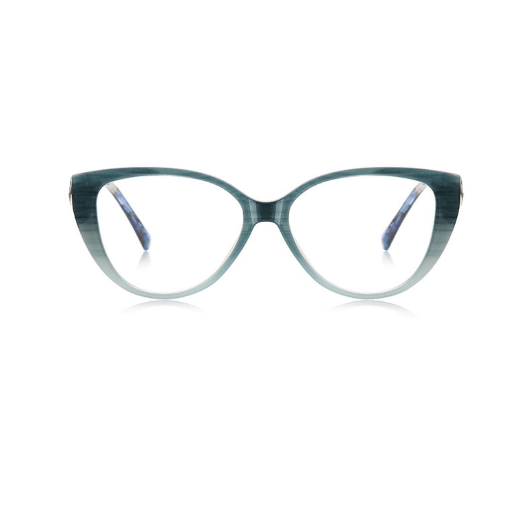 Cat-eye glasses with a gradient blue and green frame on a white background