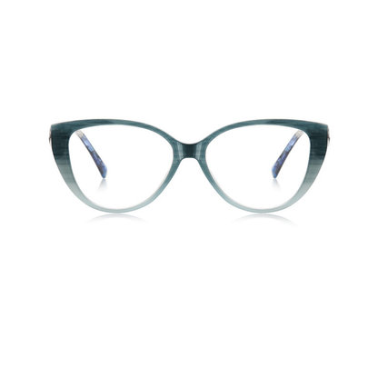 Cat-eye glasses with a gradient blue and green frame on a white background