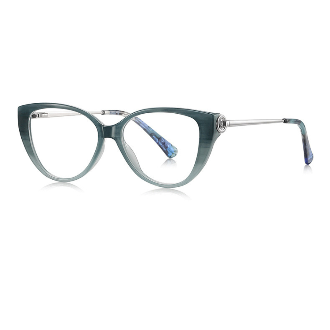 Cat-eye glasses with a teal frame on a white background