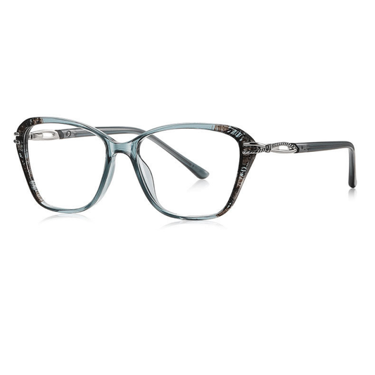 Blue eyeglasses with a tortoiseshell pattern on a white background