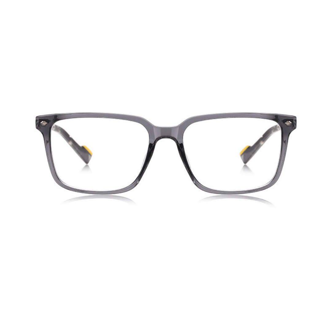 Gray eyeglasses on a white background