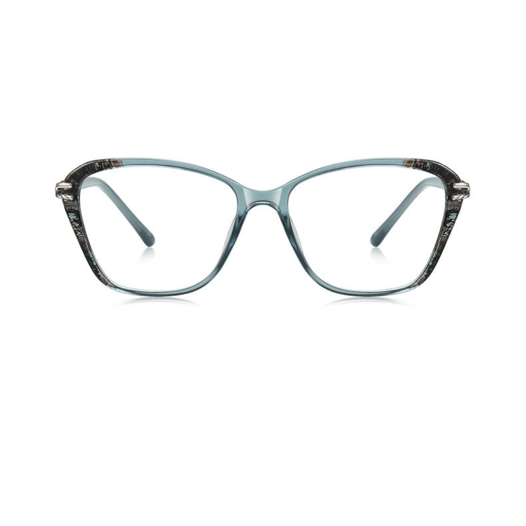 Blue cat-eye glasses on a white background
