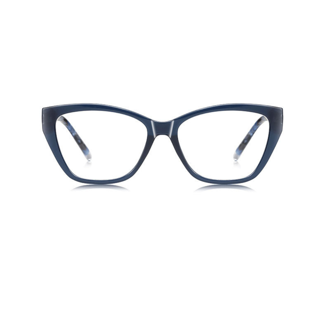 Blue cat-eye glasses on a white background