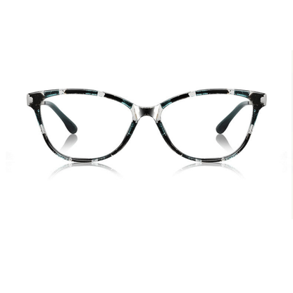 Cat-eye glasses with a black and silver frame on a white background