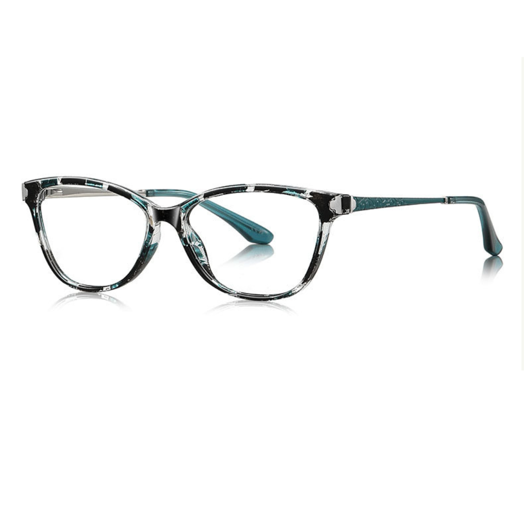 Eyeglasses with a blue and black frame on a white background