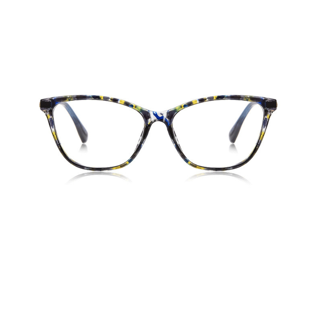 Blue and yellow patterned eyeglasses on a white background
