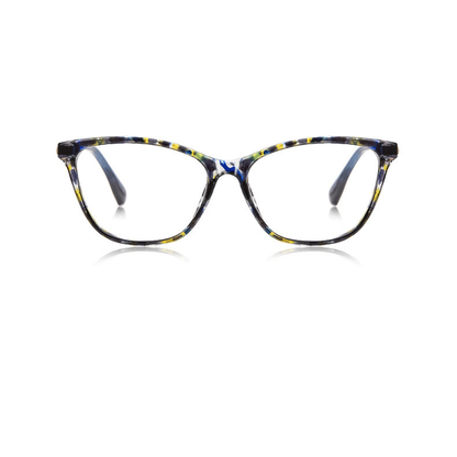 Blue and yellow patterned eyeglasses on a white background
