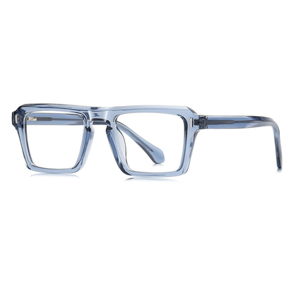 Clear blue eyeglasses on a white background
