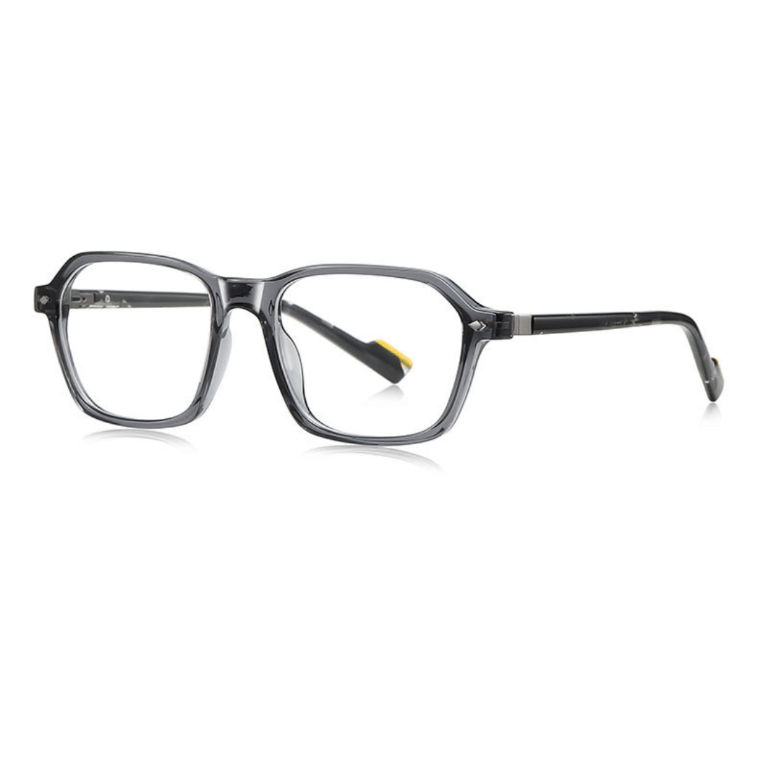 Gray eyeglasses on a white background