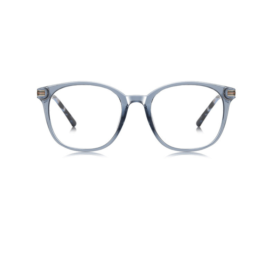 Blue eyeglasses with gold accents on a white background