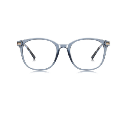 Blue eyeglasses with gold accents on a white background