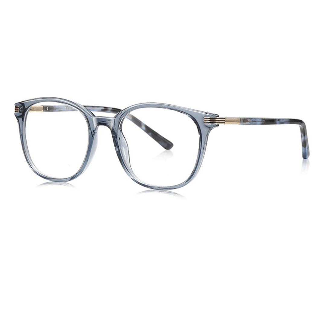 Blue eyeglasses with a white background
