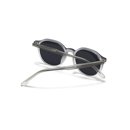 Sunglasses with clear frame and dark lenses on a white background