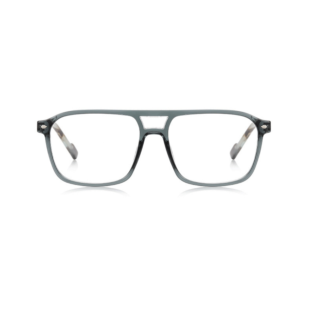 Gray eyeglasses on a white background